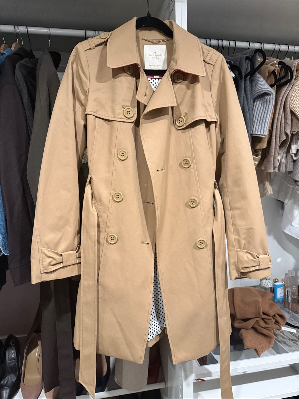 kate spade Tan Double-Breasted Trench with Waist Tie